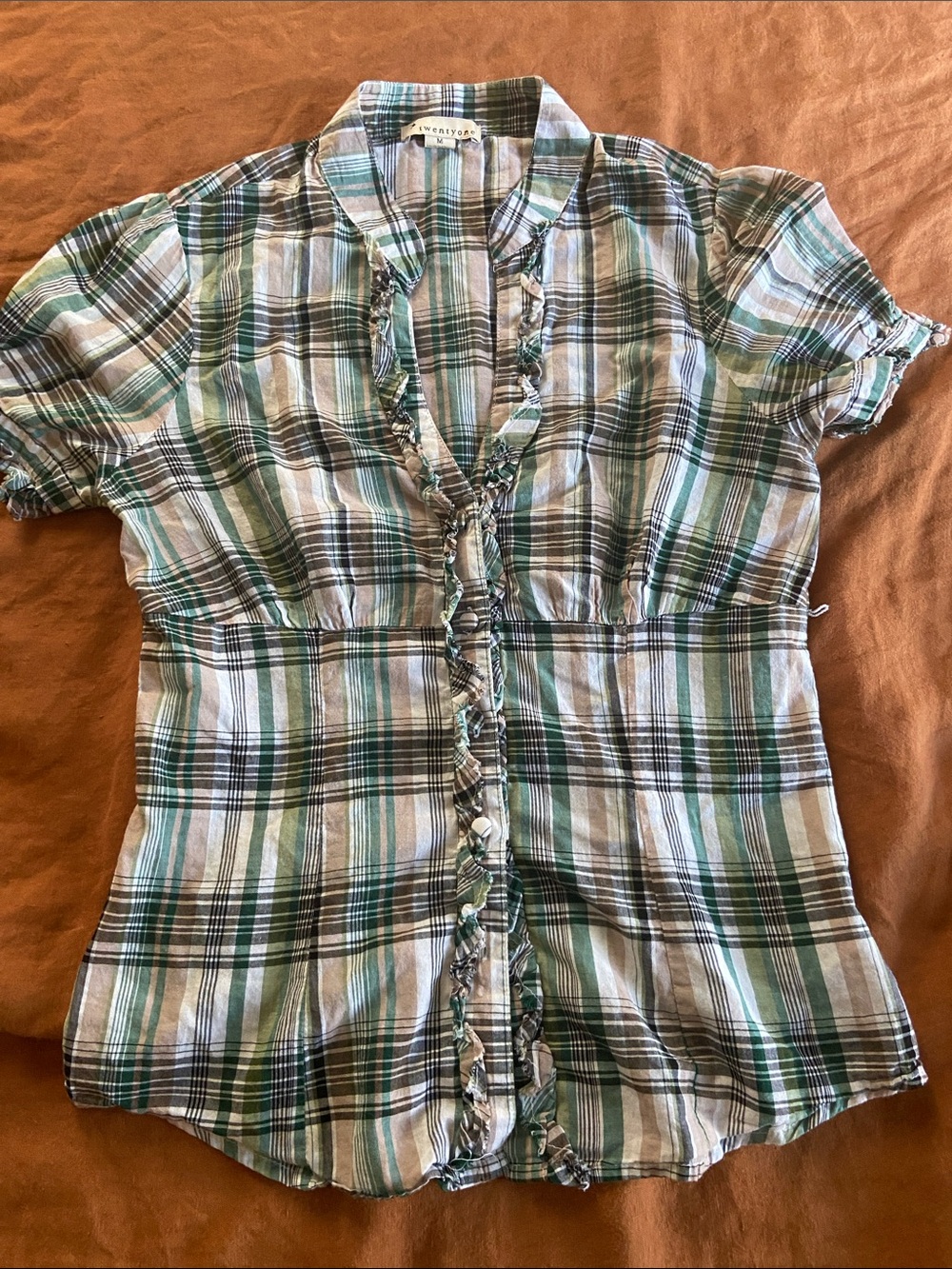 Forever 21 Green and White Plaid Ruffle-Trim Button Down Top